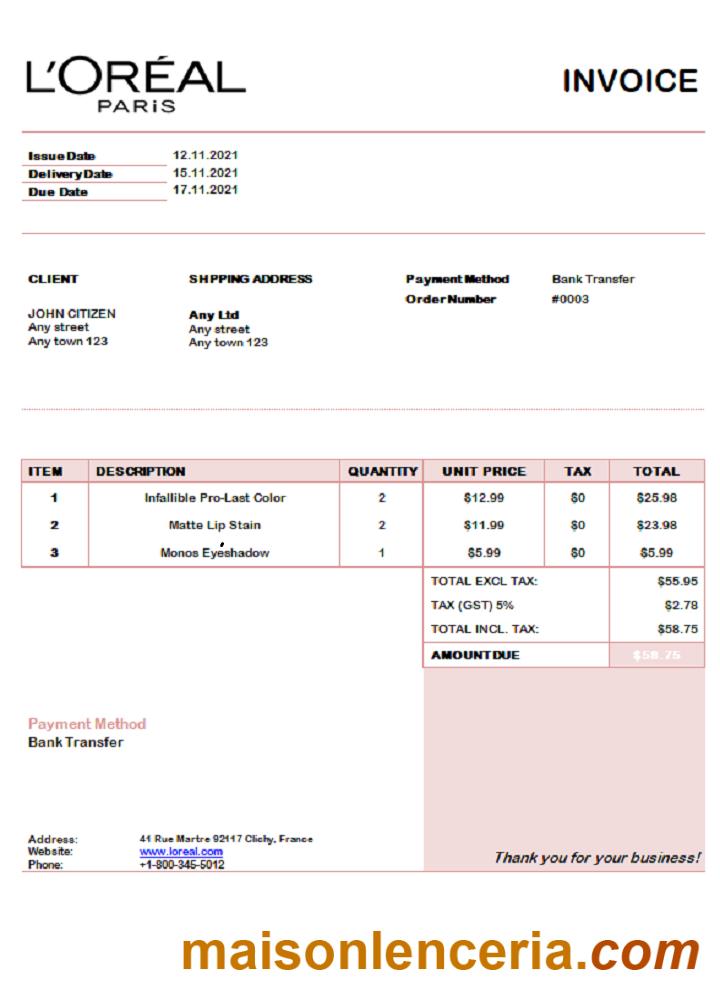 USA L' Oreal Paris faktura słowo i szablon PDF